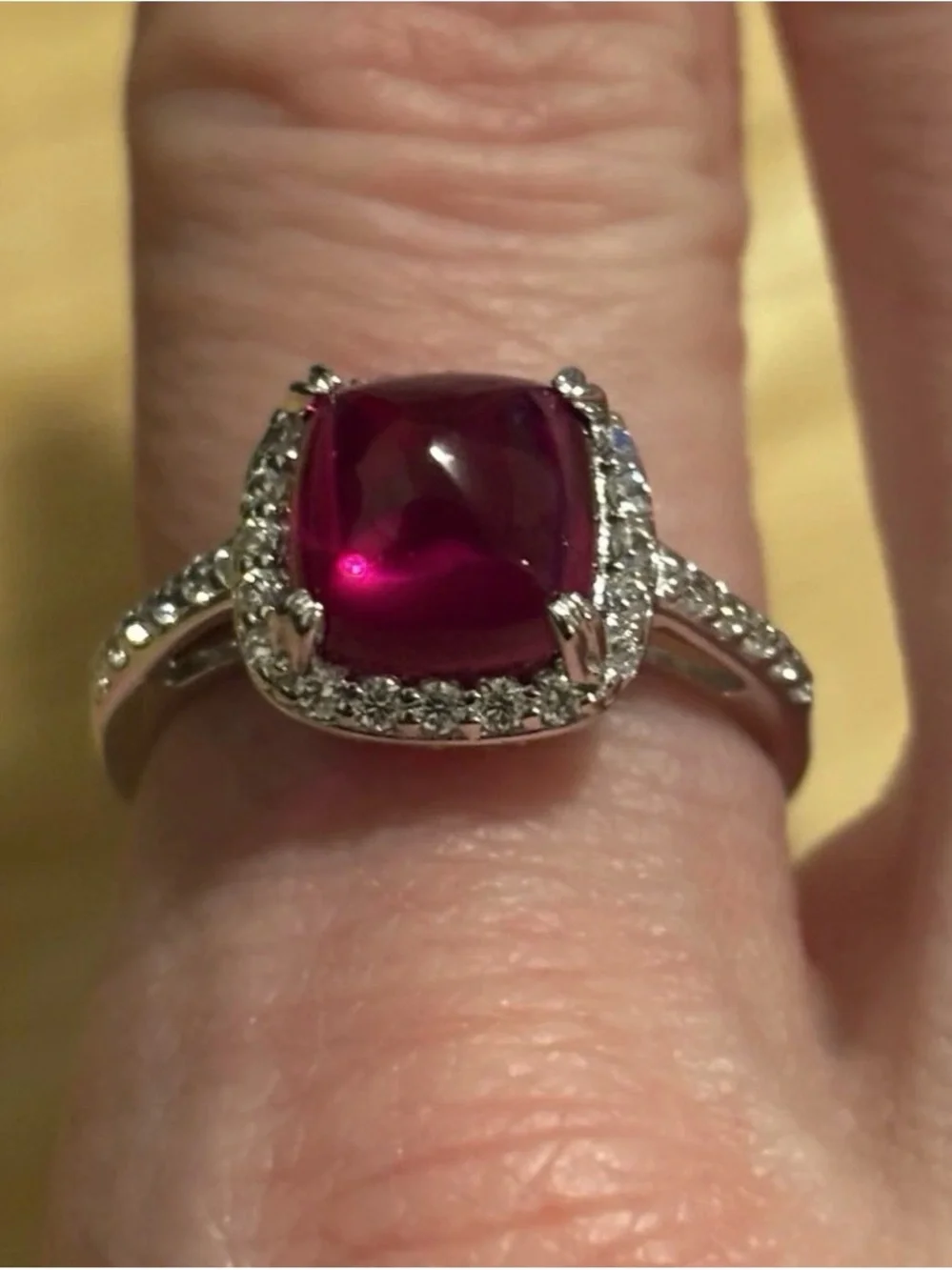 Ruby Red Gemstone & CZ Halo Sterling Silver 925 Ring Size 8 with Pavé Band